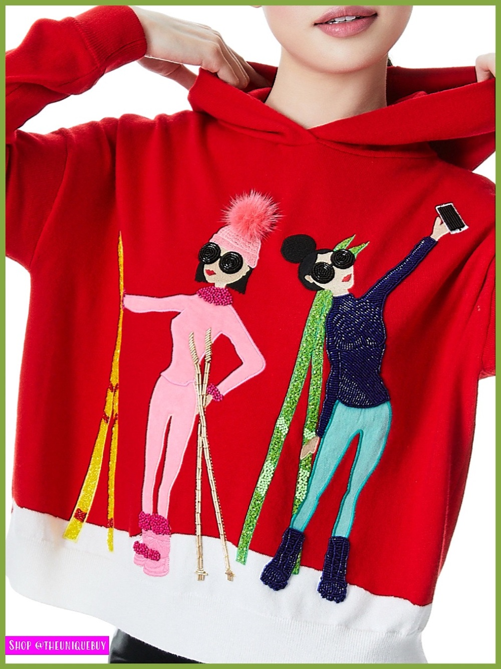 Alice + Olivia Oscar Red Embellished Stace Face Pullover Hoodie Sweater Top